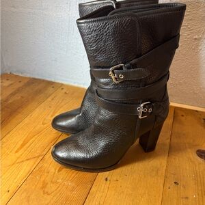 Coach Black Pebbled Leather Heeled Boots SZ 7.5 B Alexandria Chunky 4” Heels